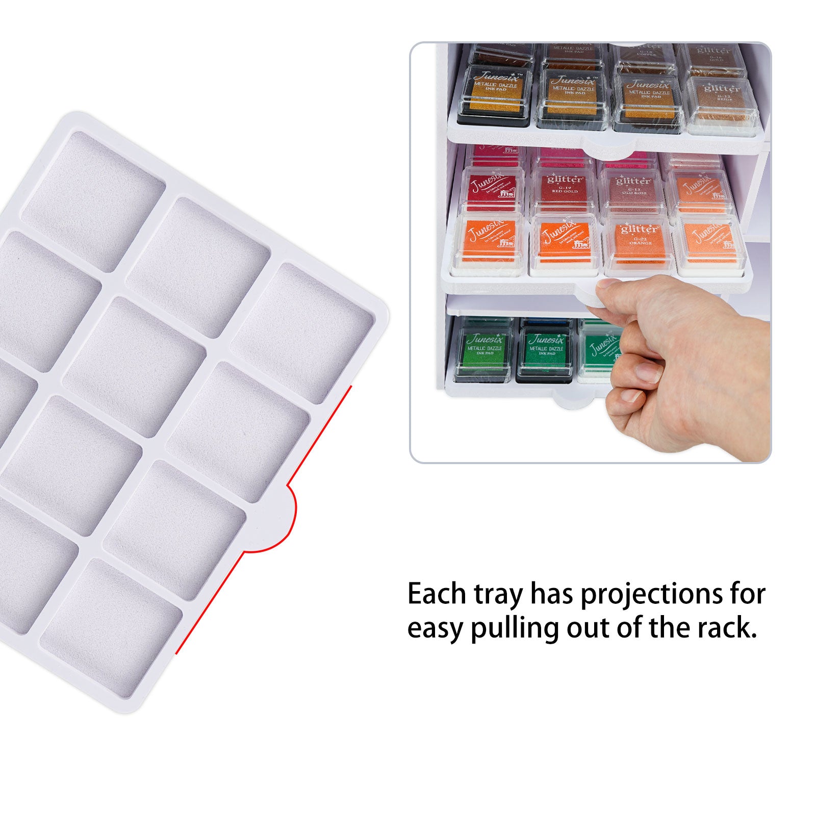Each tray has progections for easy pulling out of the rack